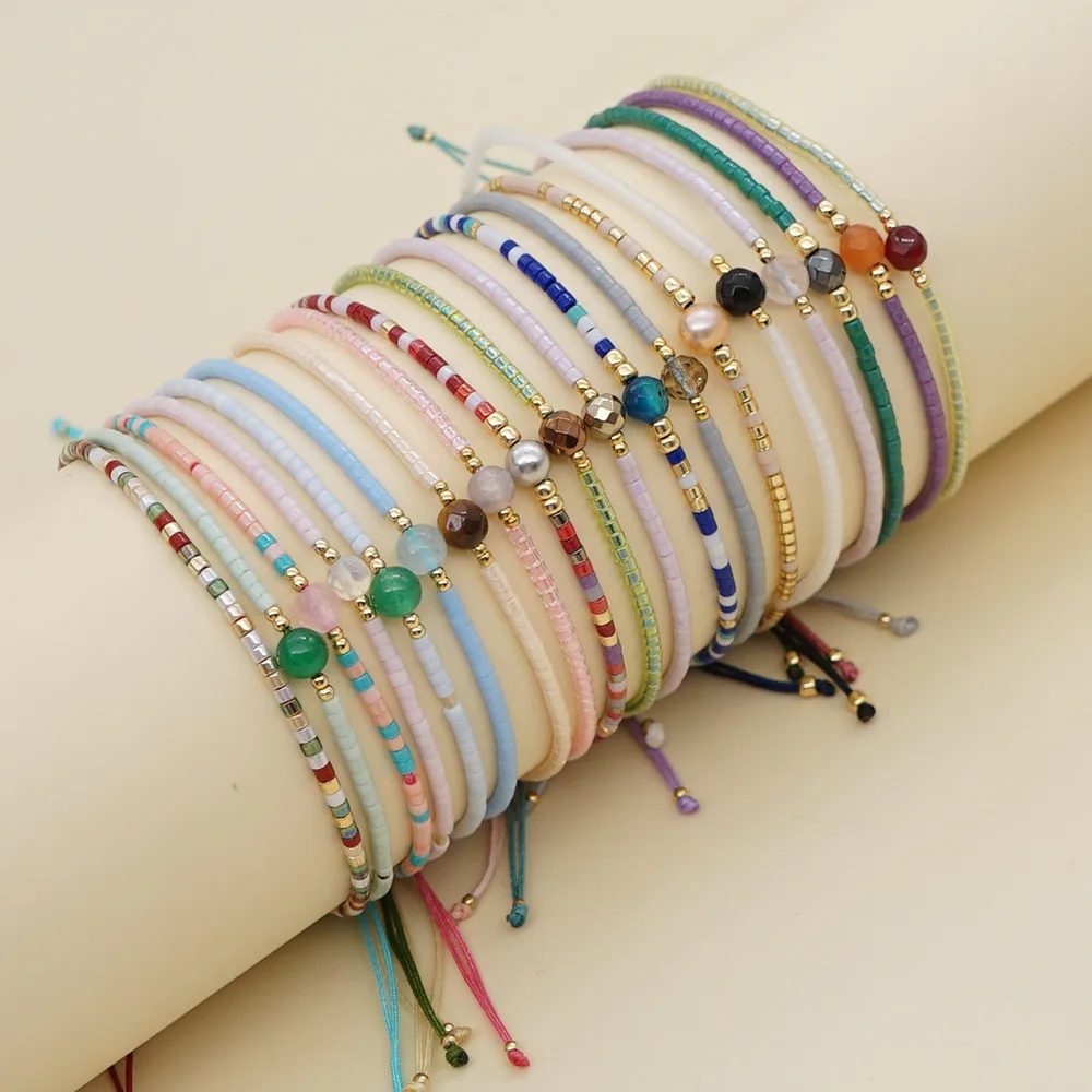 

Bohemian Bracelet Mixed Color Seed Beads Semi Precious Stones Featuring Lucky Delicate Handmade Wristband Charm Bracelet
