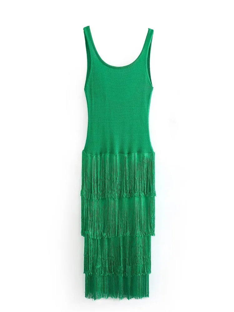 

MESTTRAF женское модное Y2K однотонное с кисточками трикотажное миди-платье винтажное без рукавов с открытой спиной на бретельках Женские Платья Vestidos