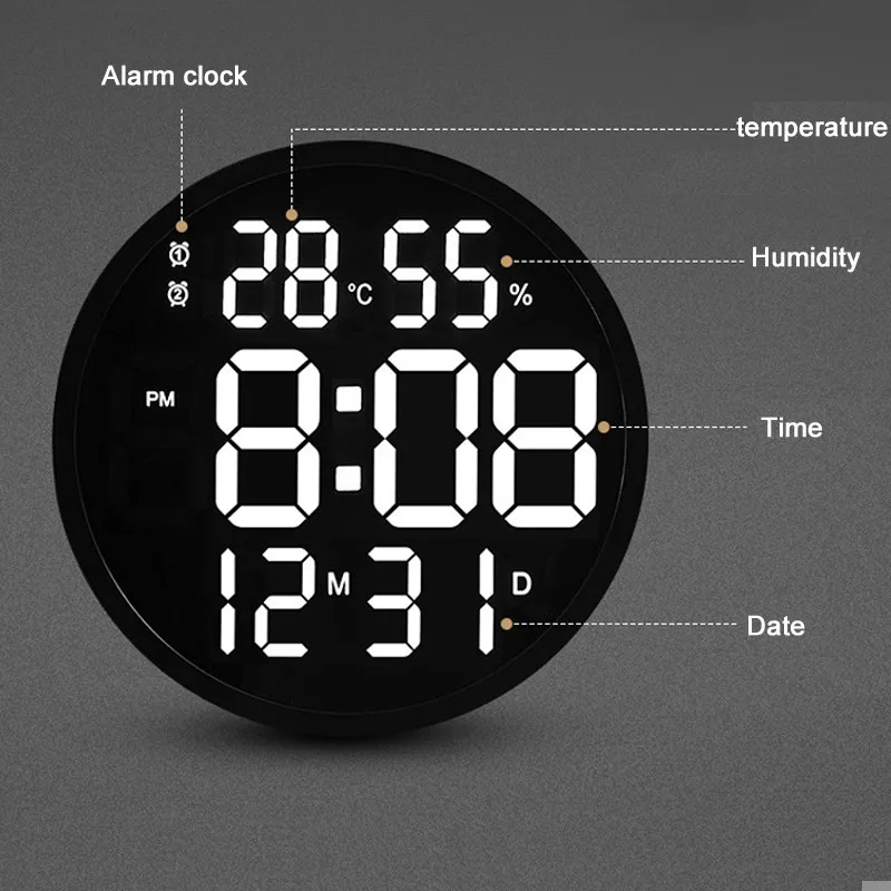 Digital Electronic LED Wall Clock Luminous Large Temperature And Humidity Modern Design 12 Inches | Электроника