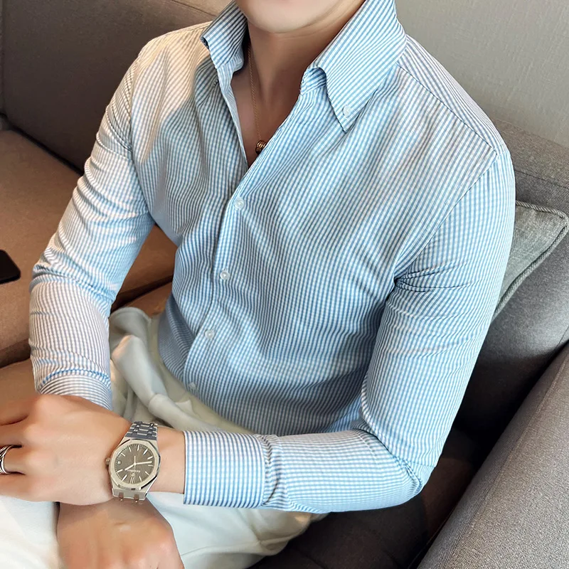 

2022 V Collar Shirt Men's Long Sleeve Thin Fashion Handsome Slim Casual Stand Collar Stripe Simple Versatile Top Dress Clothing