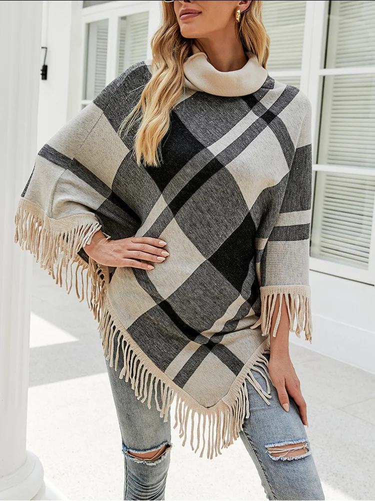 

Winter Clothes Women 2022 New High Collar Pullover Sweater Female Tassel Cape Shawl Plaid Loose Coat Women Sweater Red Cape Tops