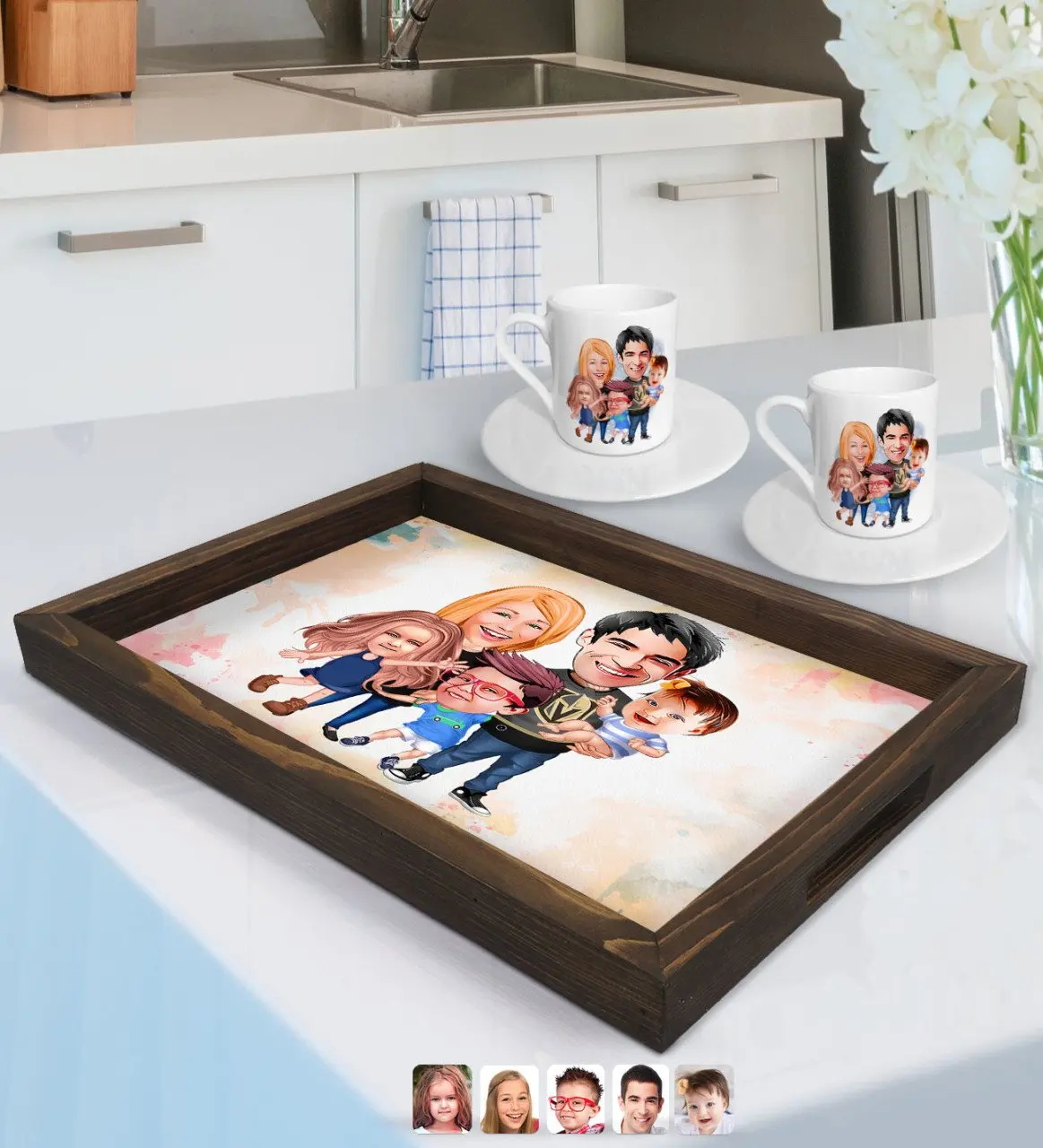 

Персонализированная семейная карикатура поднос из натурального дерева и 2Gang Coffee Cup Seti-6