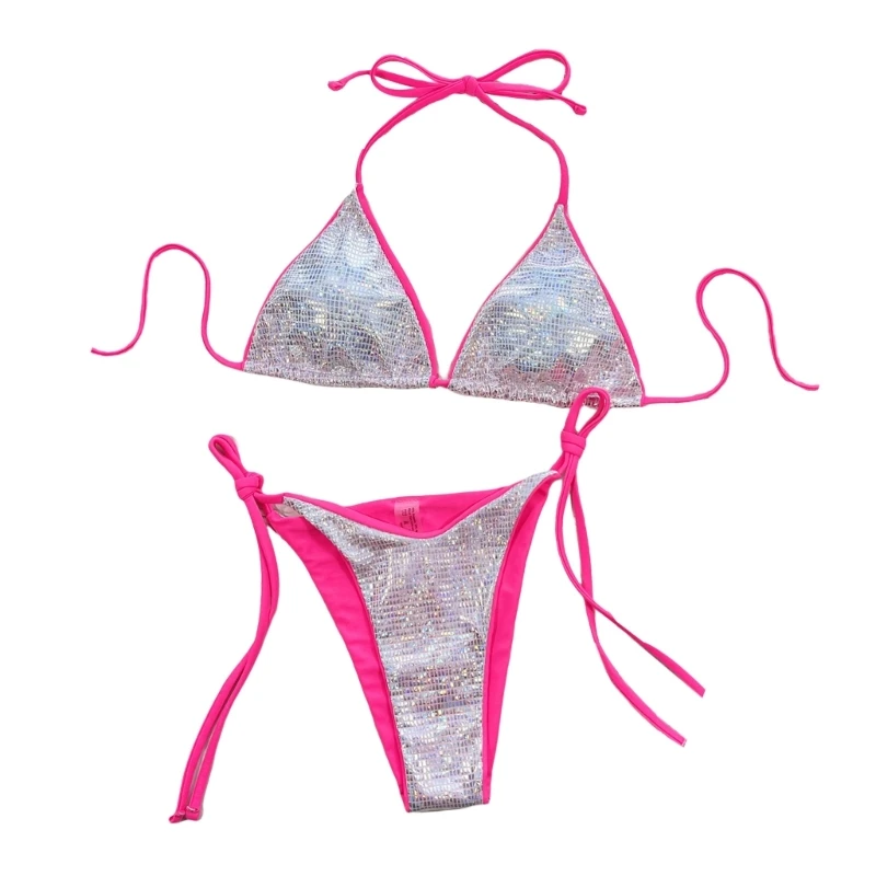 

Новинка 2022, купальник из двух предметов для женщин, комплект бикини с лямкой на шее для девушек, набор металлик, блестящий треугольный купальный костюм с завязкой сбоку