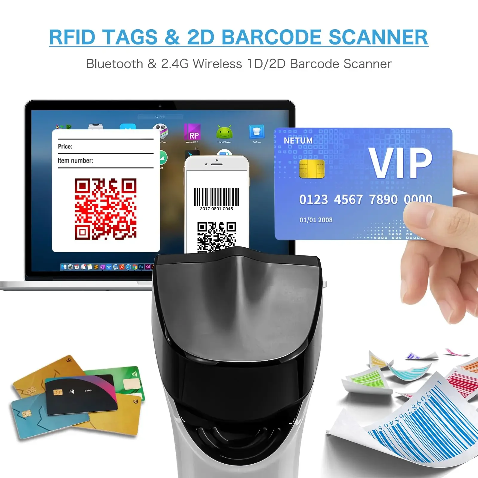 Фото NETUM DS8100 Blue Tooth 13,56 МГц HF NFC RFID 1D 2D беспроводной сканер штрих-кода №3