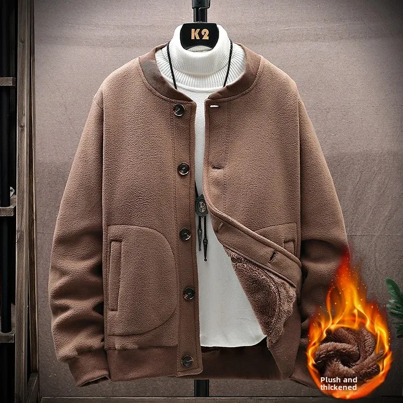 Wholesale Men's Fleece-Lined and Thickened Round Neck Cardigan Sweatshirt Autumn Winter Fleece Jacket Casual Loose Top Outerwear