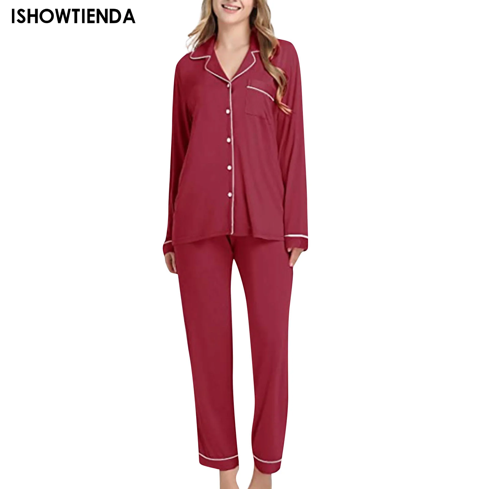 

Длинный комплект с пуговицами и длинным рукавом, рубашка с воротником на пуговицах и отворотом, одежда для сна, домашняя одежда, женская пиж...