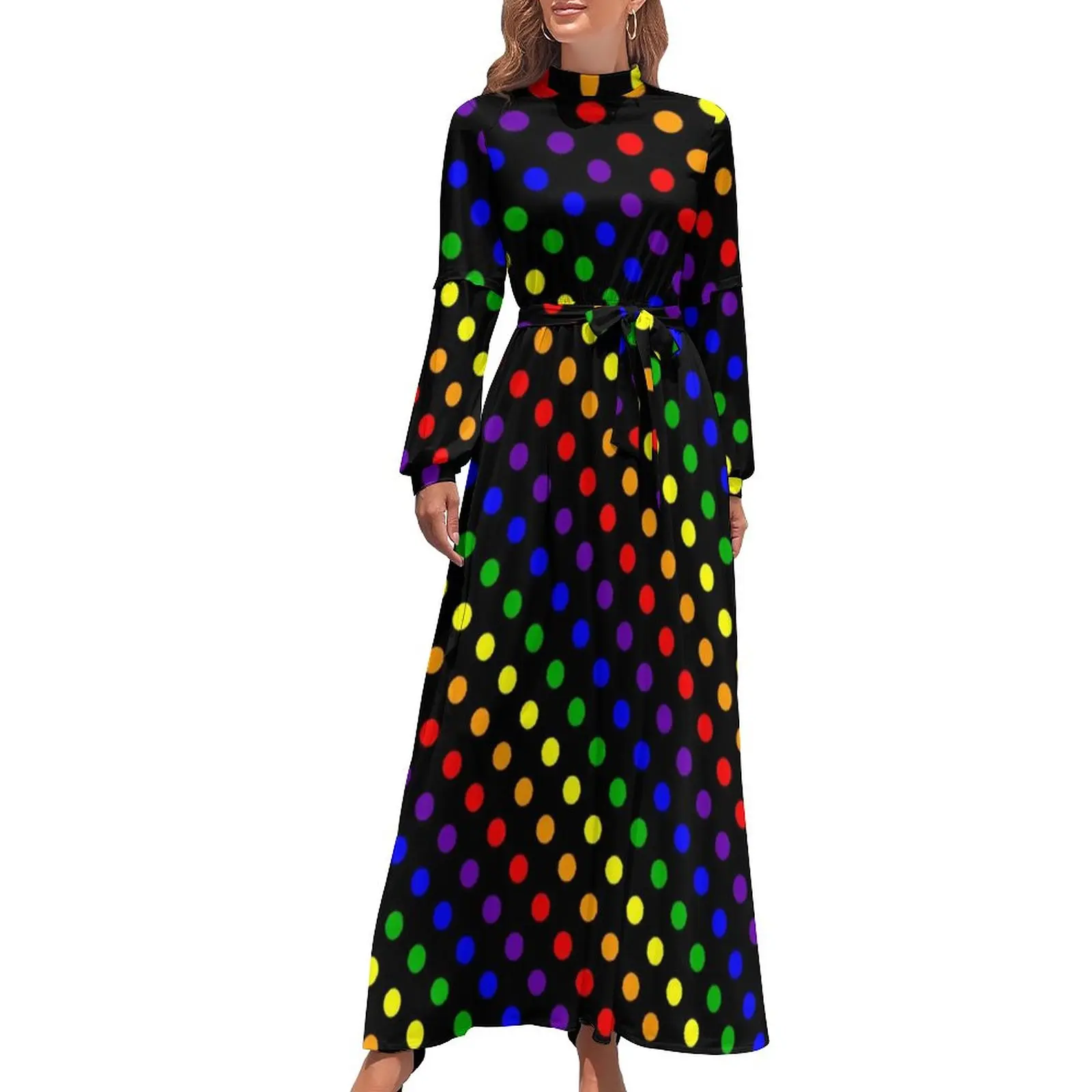 

Colorful Polka Dot Print Dress Rainbow Dots Bright Long-Sleeve Maxi Dress Summer Street Wear High Waist Bohemia Long Dresses
