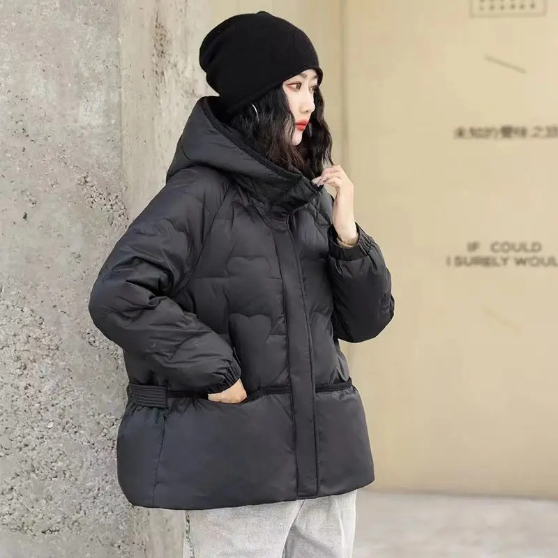 Women White Duck Down Jacket Autumn Winter Warm Casual Loose Outwear with Hood 2023 Fashion New Ladies Zipper Buttons M34