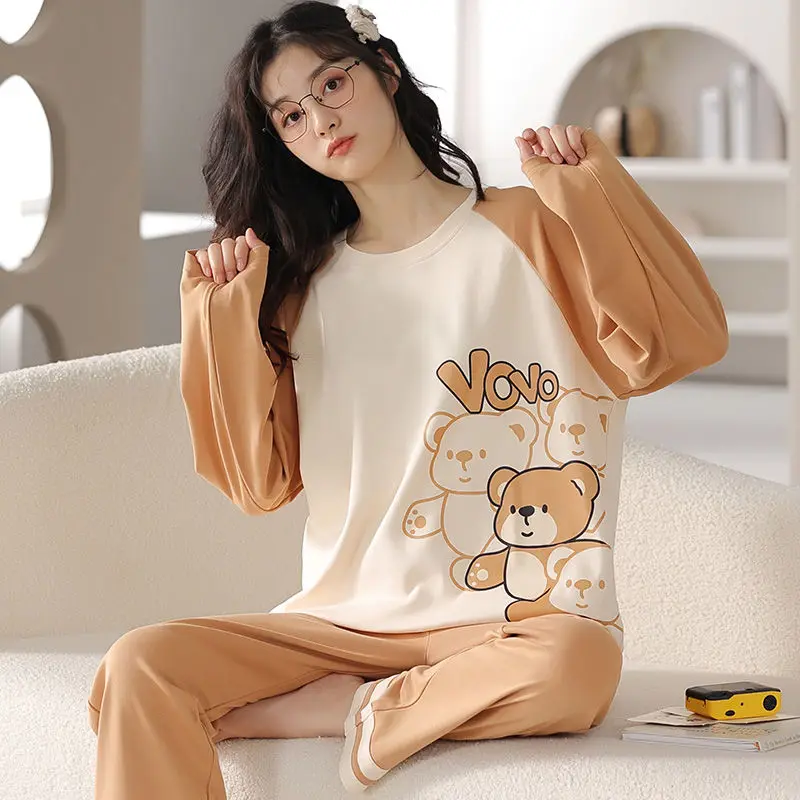 Pajamas Ladies Spring Autumn Long Sleeve Polyester Cotton Women's Autumn and Winter Large Size Casual Autumn Homewear Set
