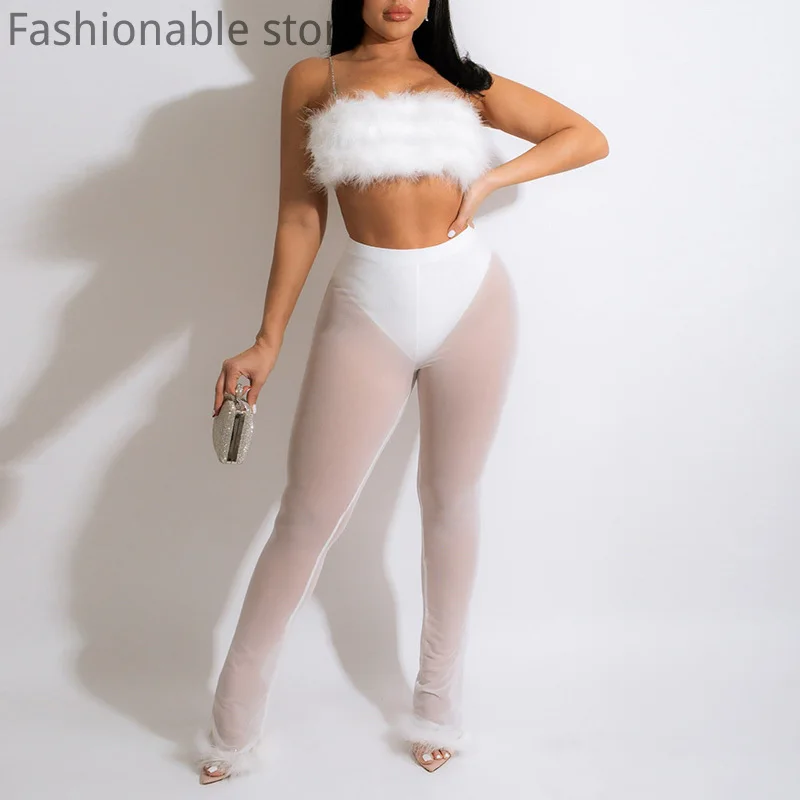 

Women Sexy Solid Color Fluffy Spaghetti Strap Top and High Waist Sheer Mesh Feather Design Pants 2pcs Set