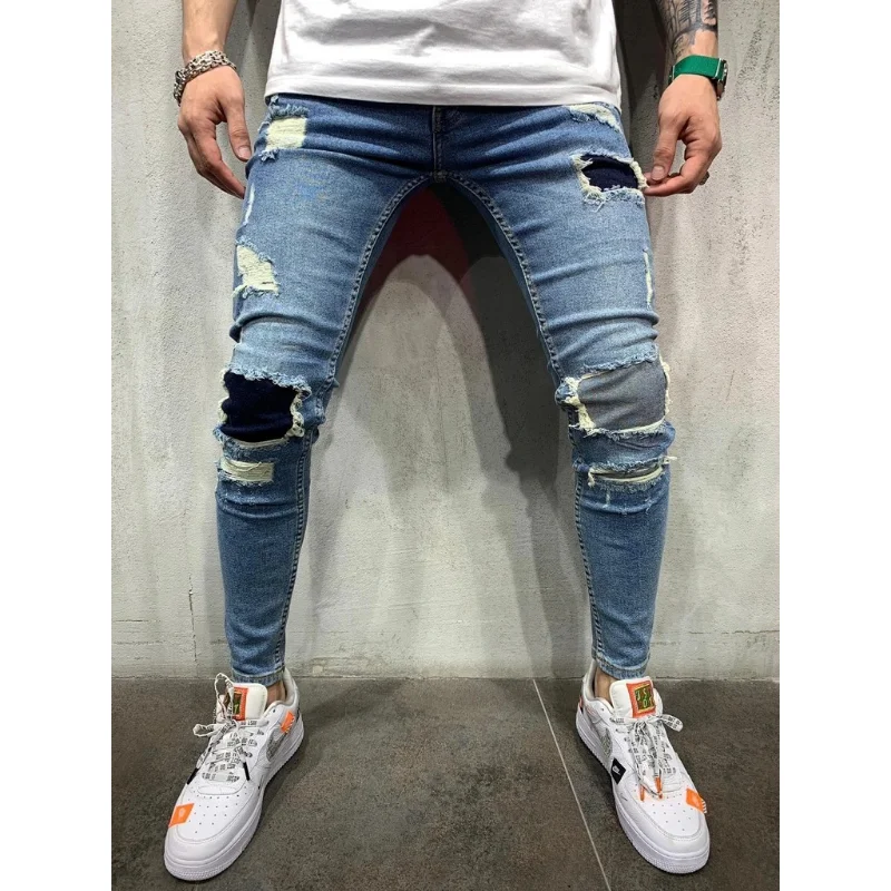Europe and America New Graphic Jeans Men's Spring Autumn Knee Broken Trousers Y2k Clothes Casual Chic Zipper Men Denim Pants