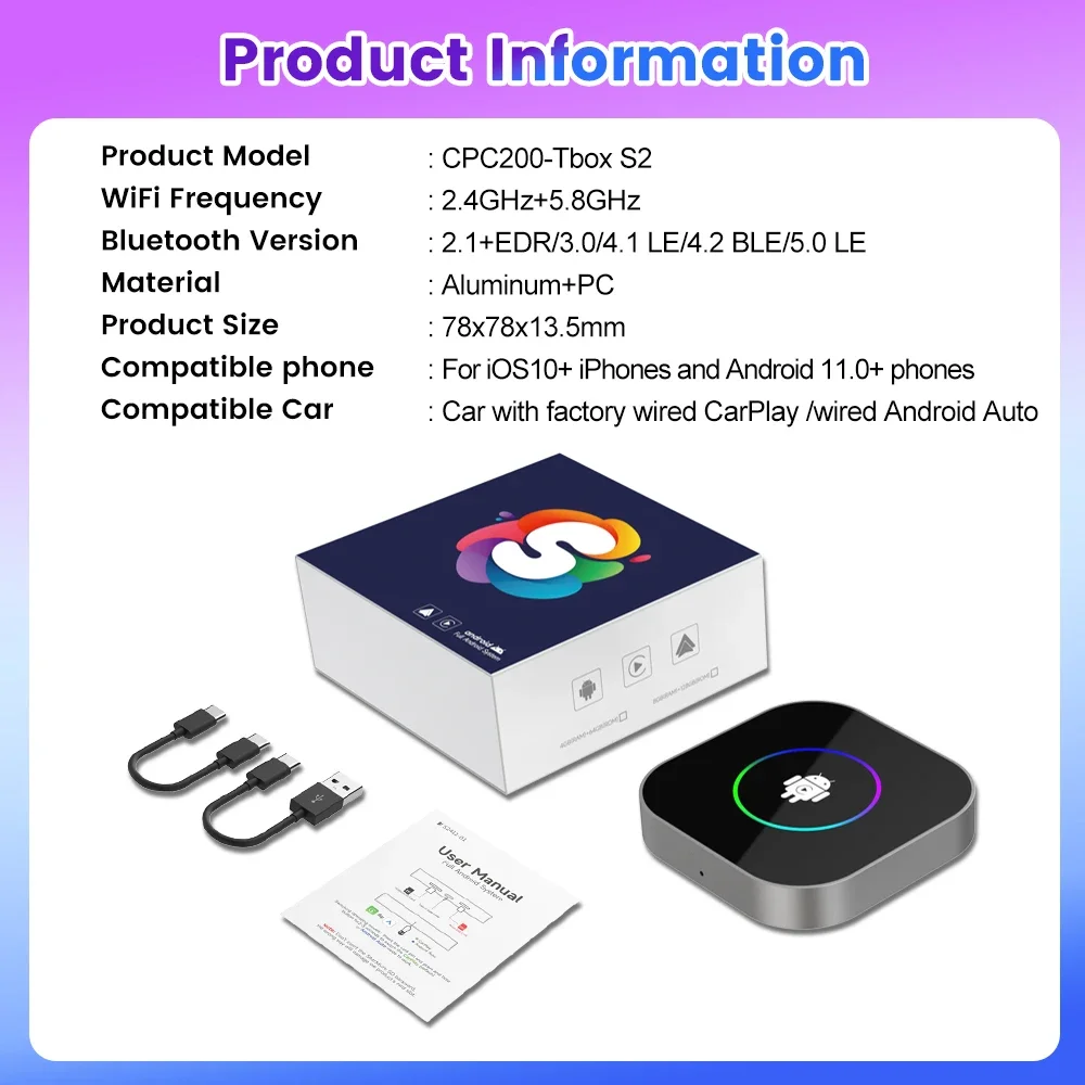 Автомобильный адаптер Carlinkit Tbox S2 с импортным чипом, видео CarPlay, 4G, 64 ГБ, беспроводной AI-бокс, Android 13, 3-в-1 CarPlay для YouTube (art.: 3920d9607495c) - 3920d9607495c