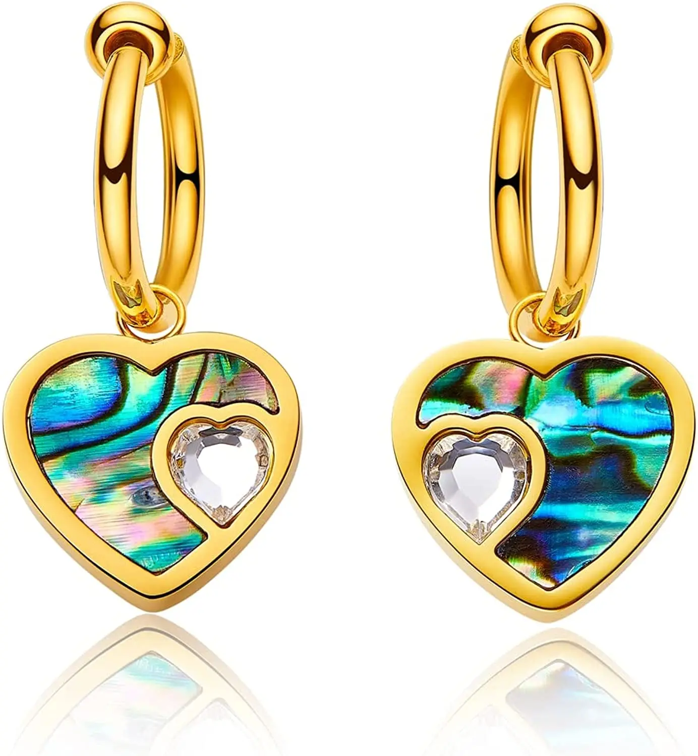 

Aradoo Love Heart Hoop Earrings For Women Abalone Shell Cubic Zirconia Germanium Energy Stainless Steel Drop Dangle Earrings