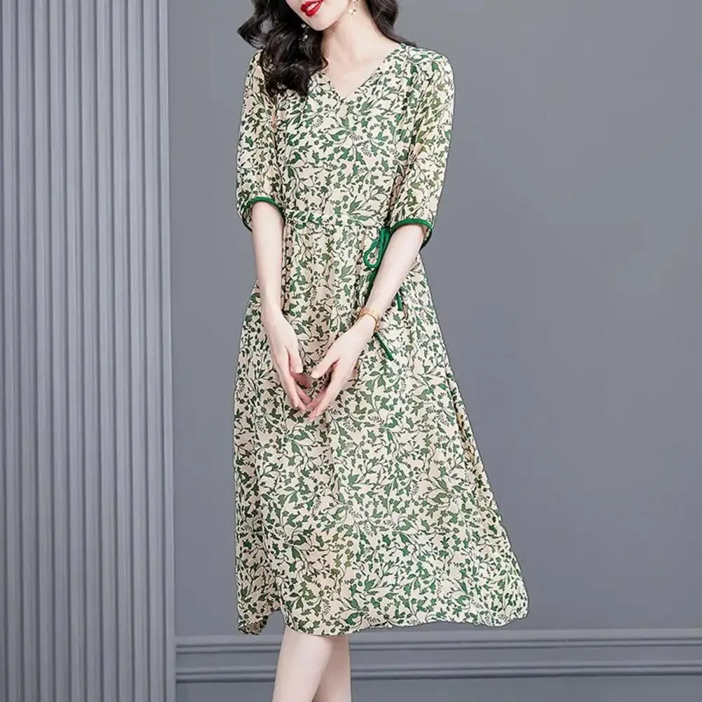Women Floral Print A-Line Midi Dress V-Neck Half Sleeve Waist Drawstring Flowy Hem Casual Dress Streetwear