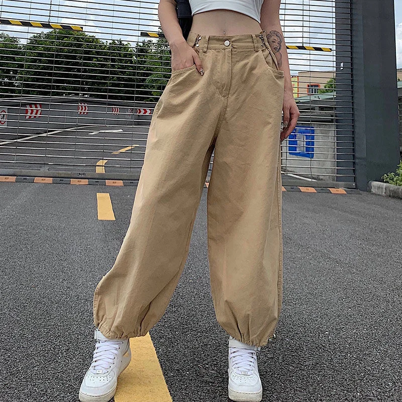 

Женские брюки-карго цвета хаки с высокой талией, широкие брюки с регулируемой талией и завязками, уличная одежда в стиле хип-хоп, модель 2023 года