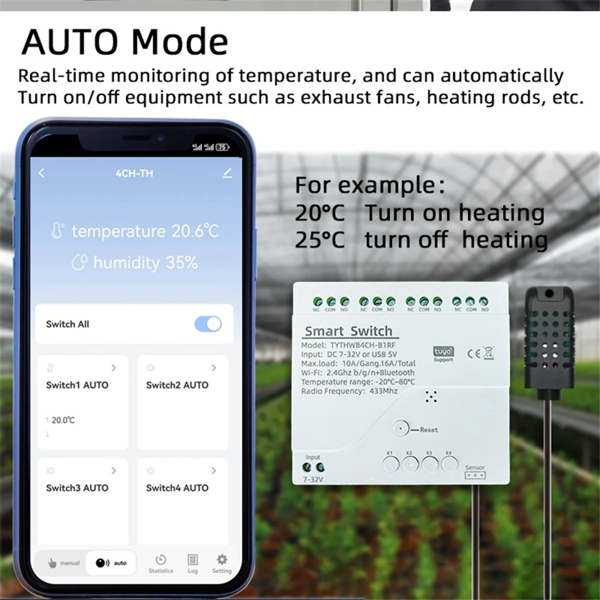 Tuya Smart WiFi 4-канальное реле с датчиком температуры и влажности пассивный сухой