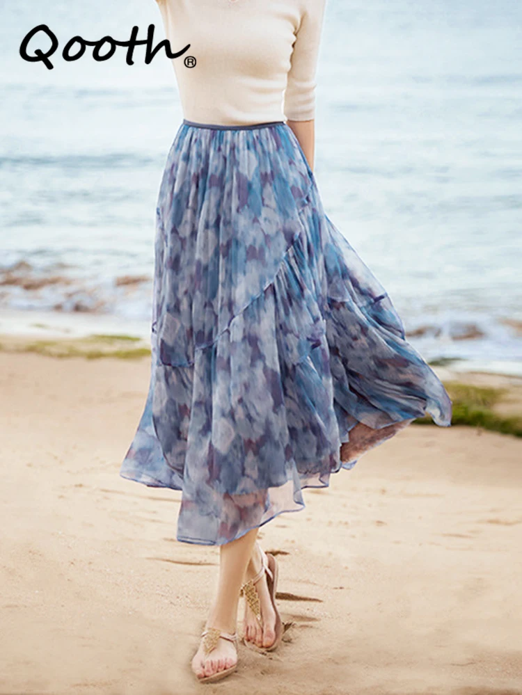 

Qooth Women S-2XL Chiffon Floral Asymmetrical Skirt Elegant High Waist A-line Long Skirt for Summer Spring QT2088