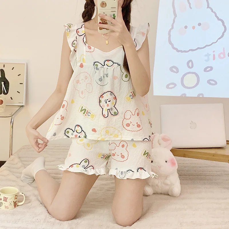 2023 New Summer Women Pajama Set Floral Printed Lace Gauze Cotton Pajamas Suspenders Sexy Night Homewear Sleeveless Sleepwear