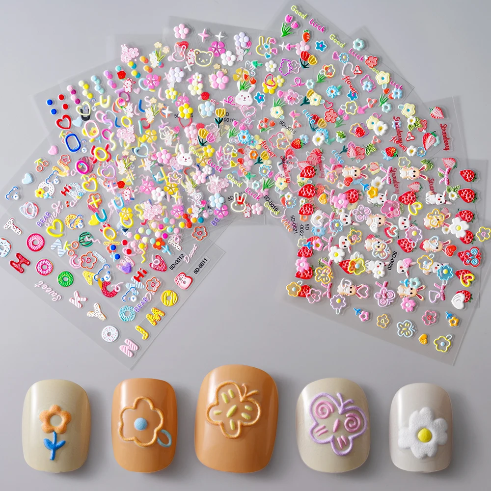 

5D Colorful Embossed Flowers Nail Stickers Spring Daisy Tulips Cartoon Rabbits Lines Slider Nail Decals DIY Manicure Stickers &S