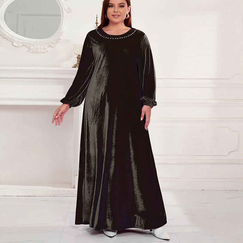 Женское бархатное платье-макси с длинным рукавом и круглым вырезом