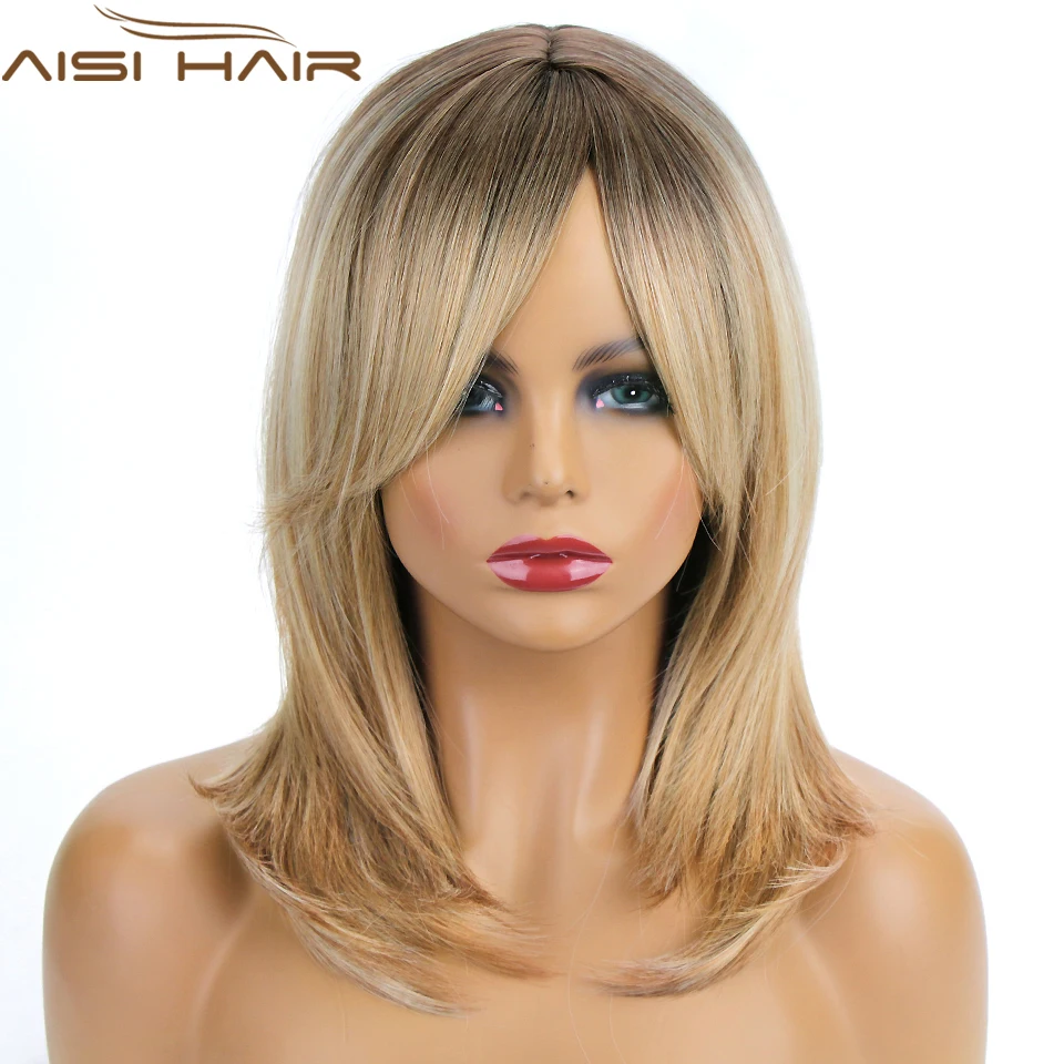 

AISI HAIR Synthetic Wigs Long Straight Layered Hairstyle Ombre Black Brown Blonde Gray Ash Full Wigs with Bangs for Black Women