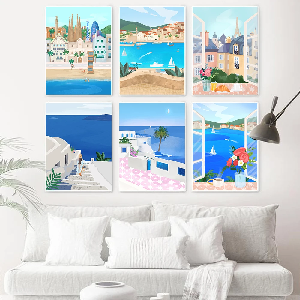 

Minimalist Travel Poster Santorini Greece Art Print Nordic Canvas Painting Modern Natural Wall Picture For Living Room Decor