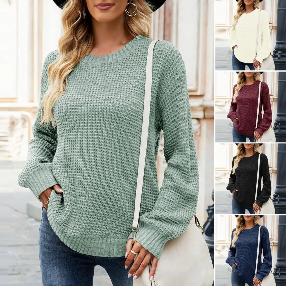 

Casual O-Neck Long Sleeve Ribbed Trim Arc Hem Women Knitwear Autumn Winter Solid Color Loose Waffle Bottoming Sweater Streetwear