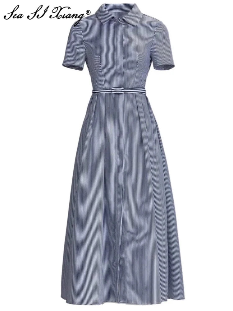 

Женское дизайнерское платье с отложным воротником Seasixiang, летнее однобортное офисное платье в полоску с поясом и коротким рукавом