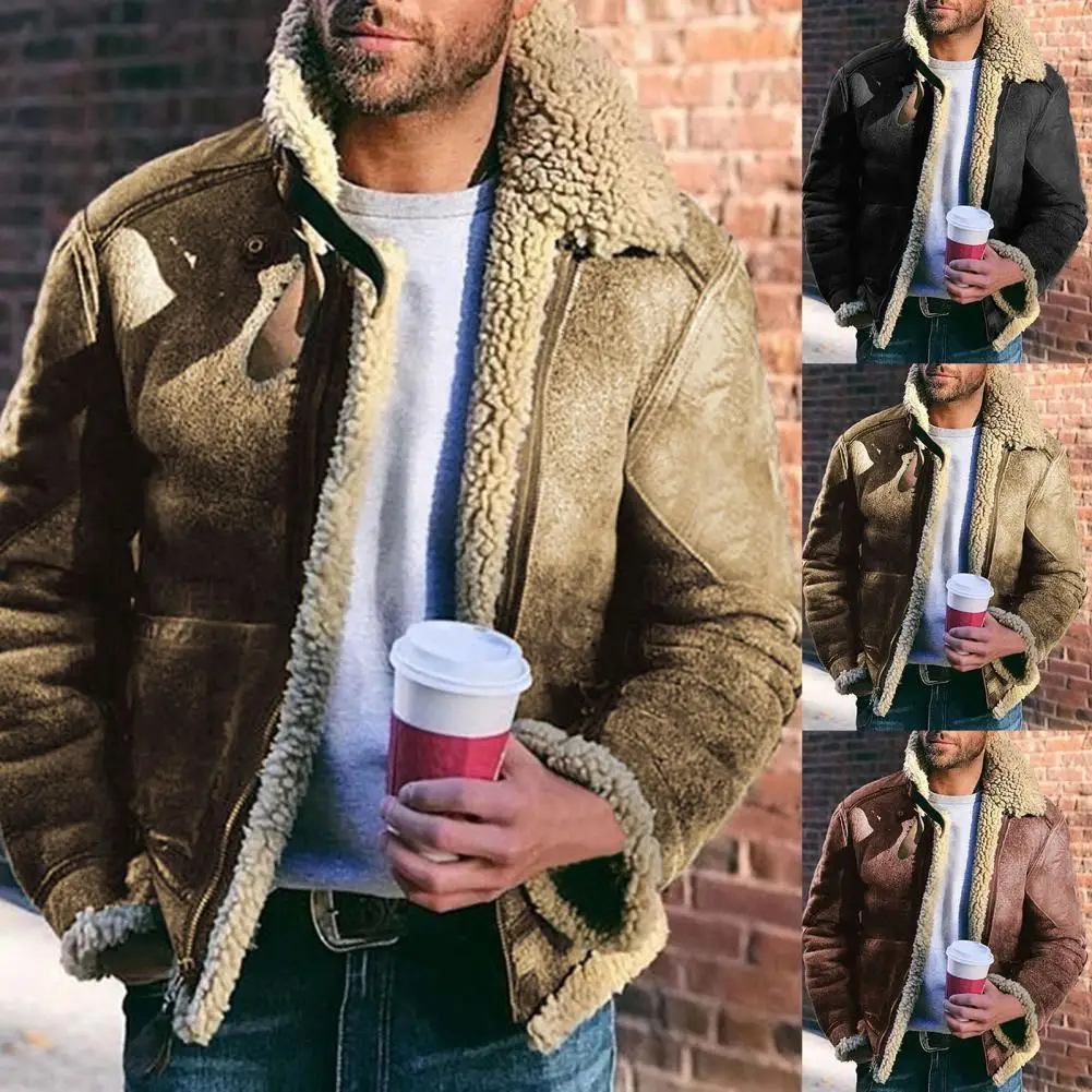 

Stylish Coat Faux Fur Long Sleeve Warm Winter Jacket With Pockets Zip-up Warm Men Coat for Outdoor