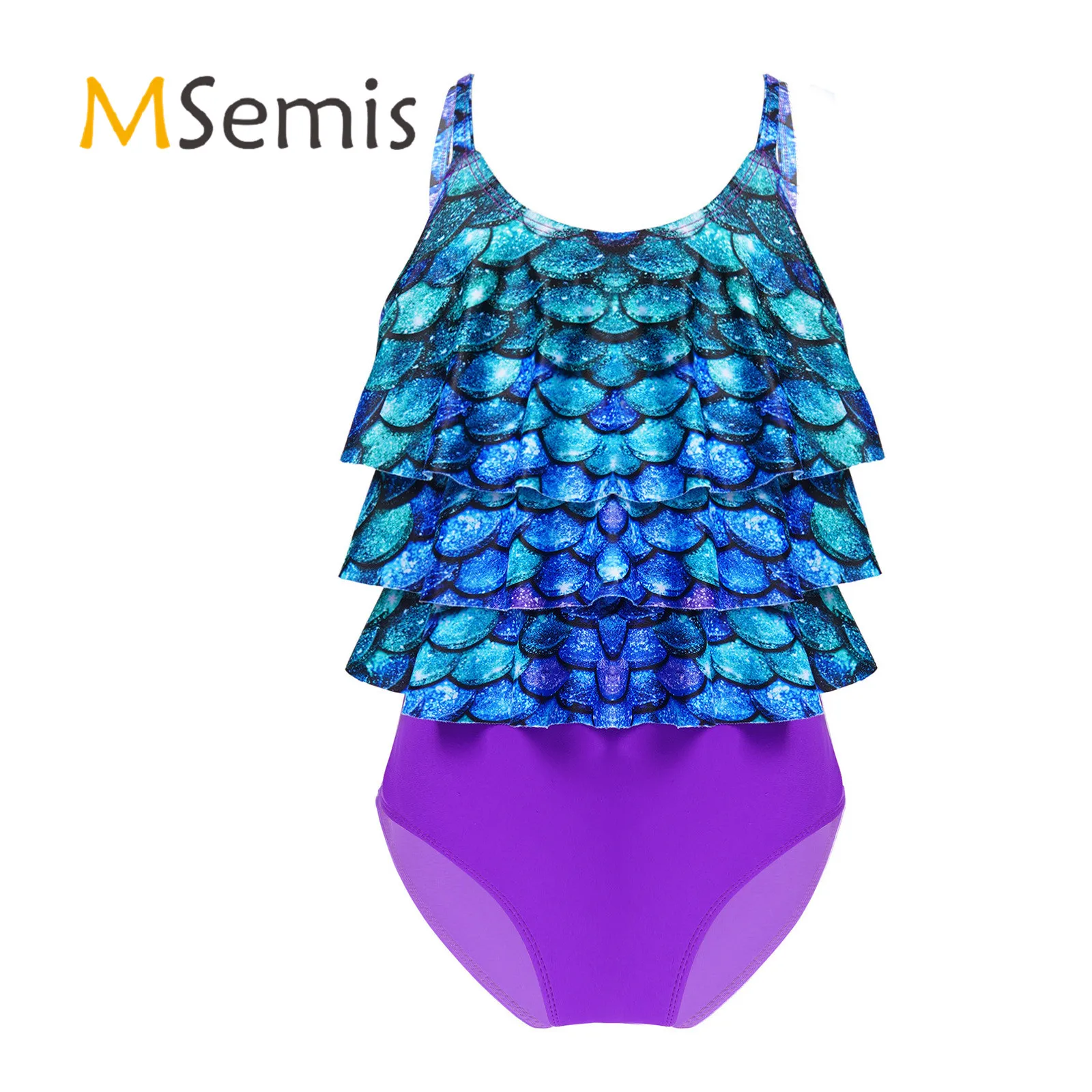 

Kids Girls Scales Print One-piece Swimsuit Straps Sleeveless Flounce Ruffle Trim Swimming Bathing Jumpsuit Bodysuit Beachwear
