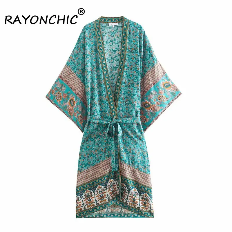 

RAYONCHIC Bohemian Style Hippie Robe Batwing Sleeve Rayon Floral Print Long Robe Beach Bikini Caftan Cover Ups Boho Kimono Women
