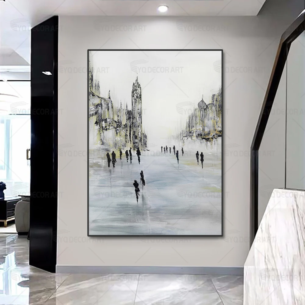 

Original Hand-painted Abstract Urban Oil Painting Black and White Modern Landscape Wall Art Painting for Living Room Home Decor