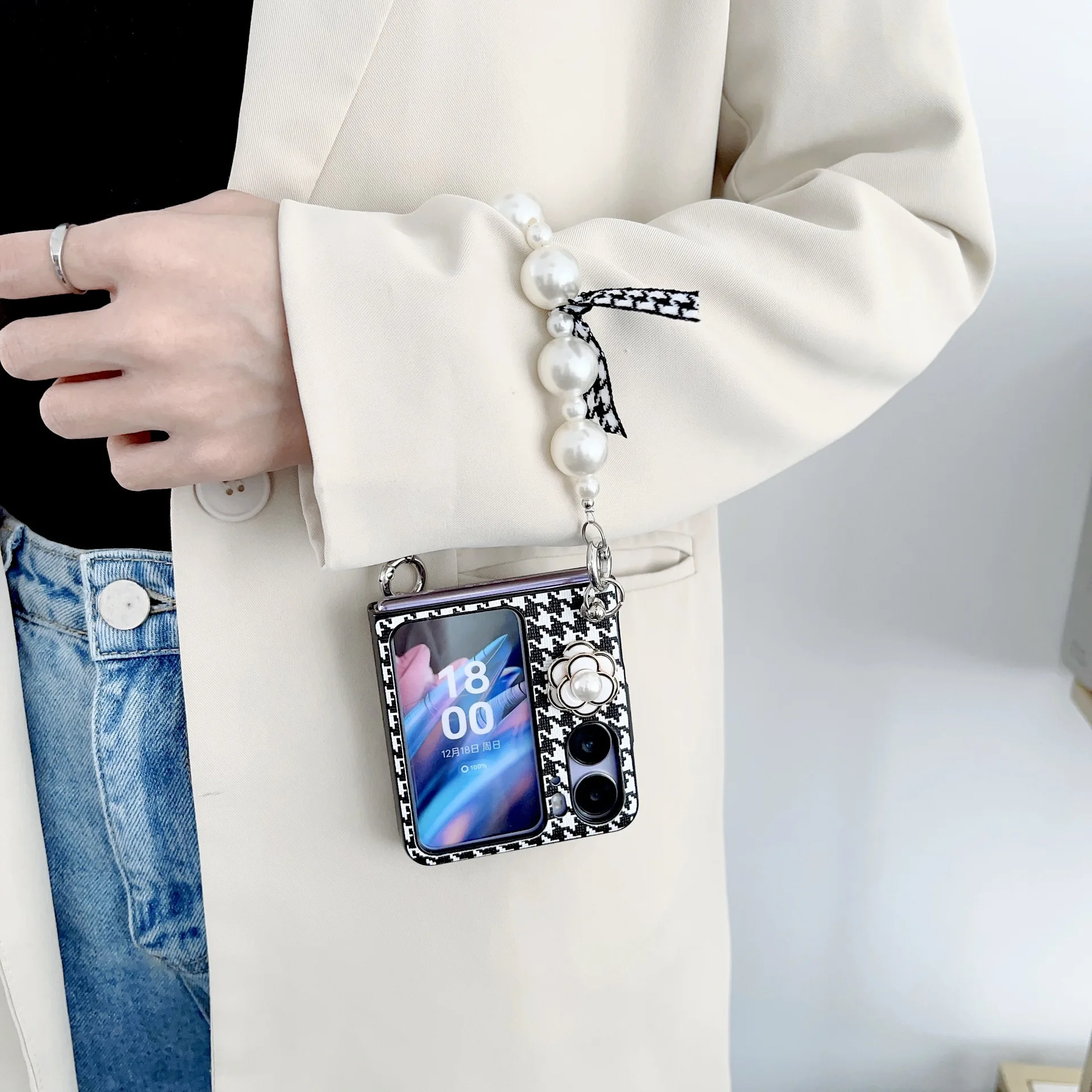 Роскошный клетчатый чехол для телефона с цветком камелии для OPPO Find N2 флип-чехол 5G CPH243 FindN2Flip с асимметричным жемчужным браслетом ударопрочный чехол