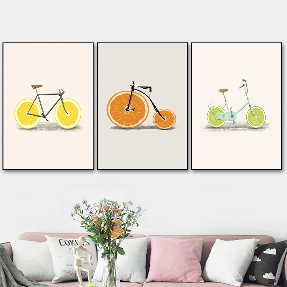 Абстрактная Мода велосипед Лимон Апельсин фрукты печать холст скандинавские