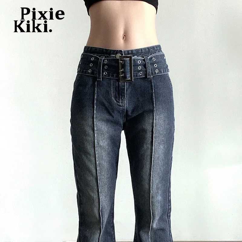 Модные Винтажные джинсы PixieKiki с поясом и низкой посадкой Y2k одежда в стиле инди