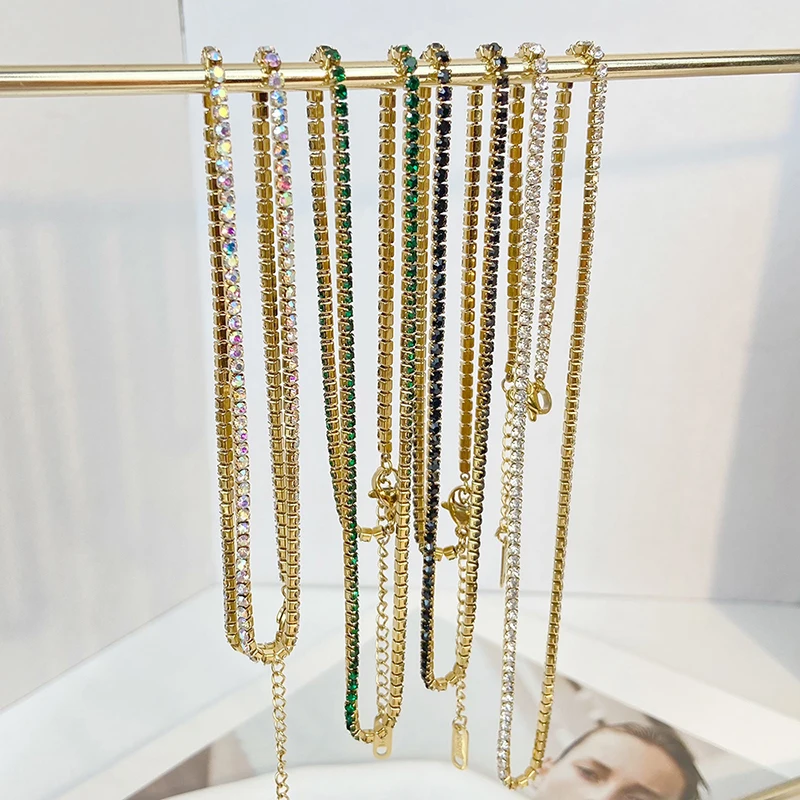 

2022 Stainless Steel Multicolor Black GreenTennis Chain Necklace for Women Gold Plated Rhinestone Collars Fashion Jewelry Gift