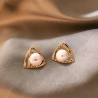 elegant hollow triangle simulated pearls stud earrings for women wedding party jewelry accessories studs earrings