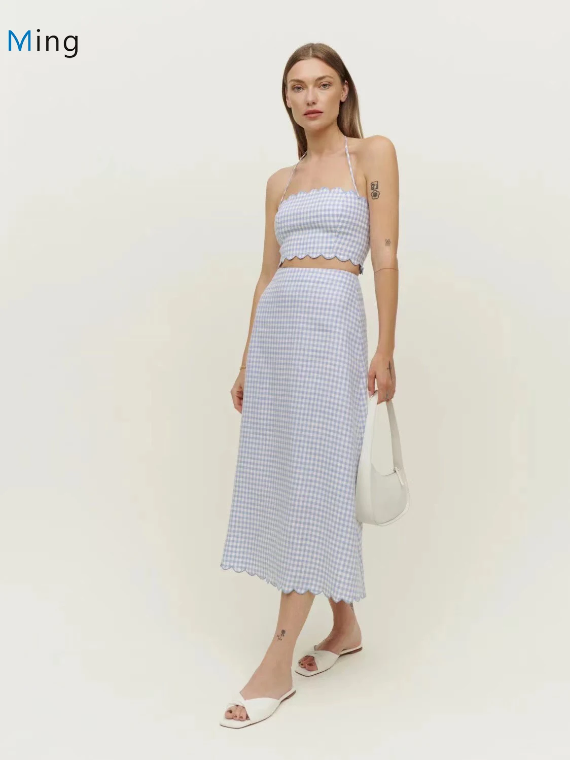 

Women 100% Linen Sexy Exquisite Lace Halter Bra + High Waist Long Skirt