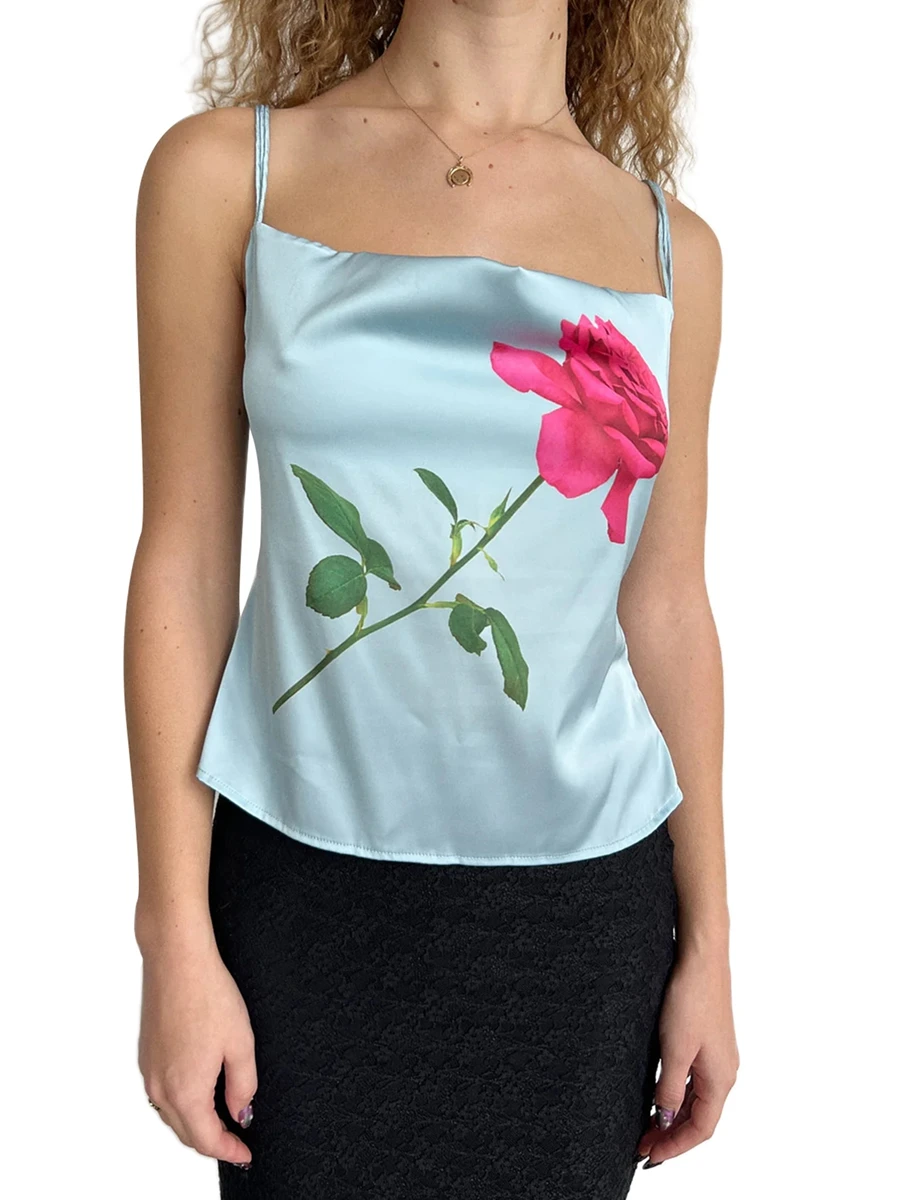 Женский Шелковый топ на завязках с принтом роз летние атласные майки майка без