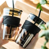 450ml heat resistant glass straw milk coffee cup with lid cold brew milk tea water cup silicone water cup with lid