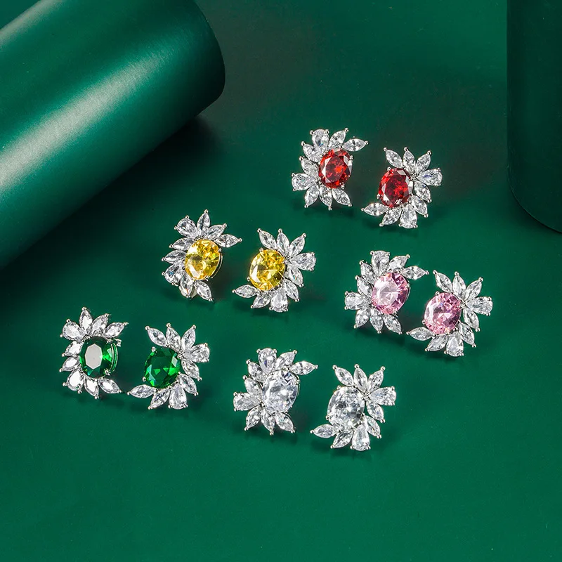 

S925 Silver Needle Color Treasure Ruby Diamond Earrings Fashion Irregular Marquise Oval Green Zircon Pink Diamond Earrings