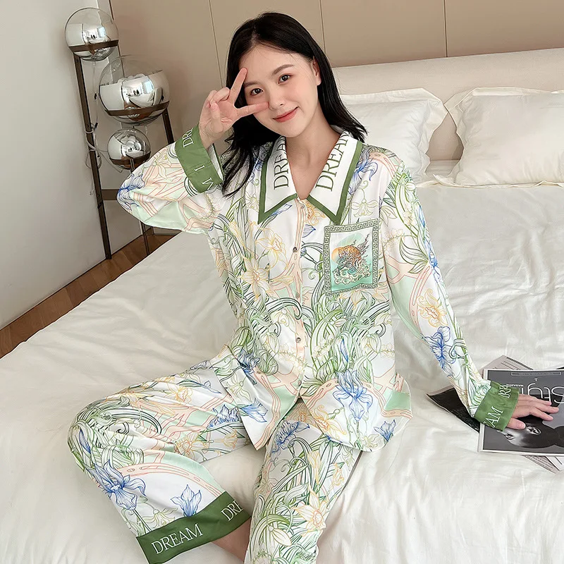 FALLINLAOE High Quality Women's Pajamas Set Luxury Floral Print Lapel Sleepwear Silk Like Long Sleeve Homewear Nightwear Femme