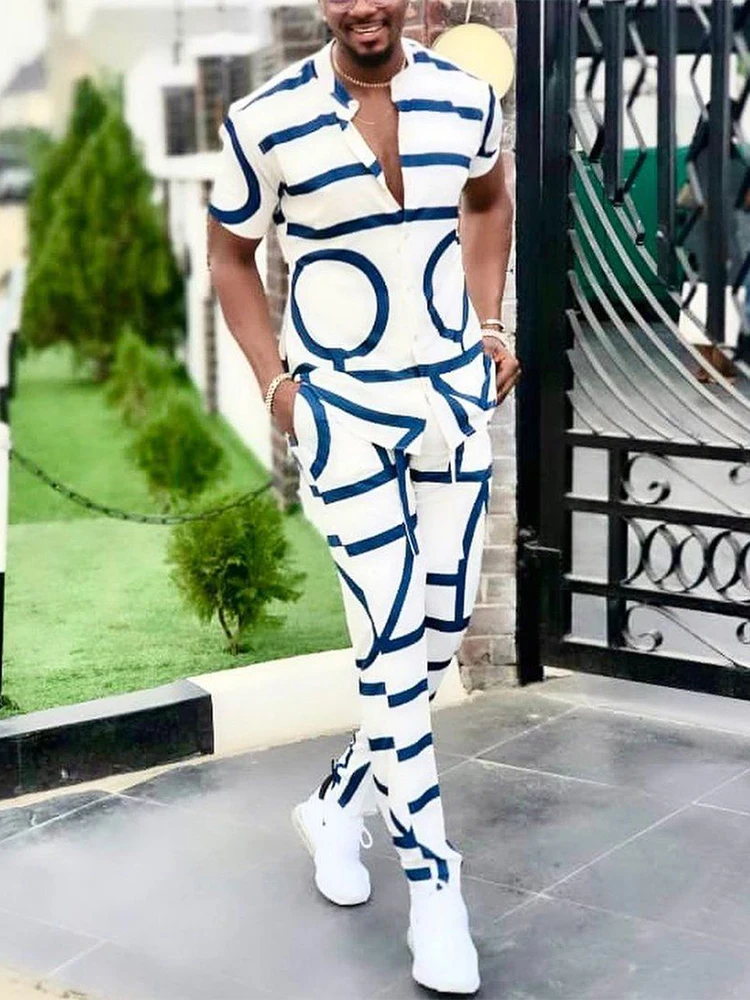 

Костюм спортивный мужской из двух предметов, повседневный топ с коротким рукавом и длинные штаны, модный наряд с принтом, весна-лето