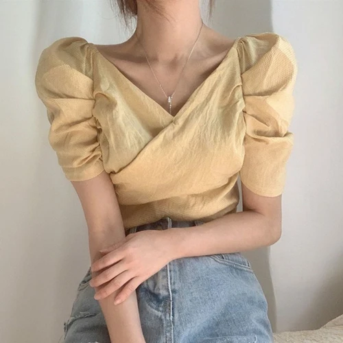 

Women Solid Color Cross Waist Bubble Sleeve T-shirts Korean Chic Retro Sweet V-neck Carefully Exposed Collarbone Tops Female Pop