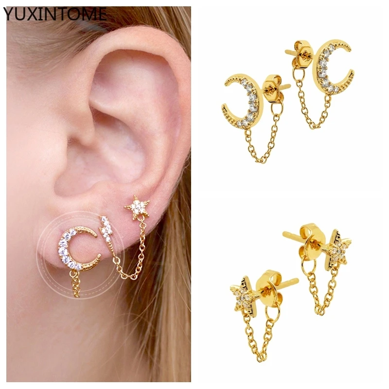 

YUXINTOME 925 Silver Ear Needle Zircon CZ Chain Star Moon Stud Earring For Women Piercing Line Pendiente European Luxury Jewelry