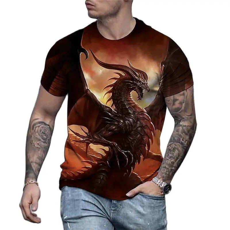 

2023 Fashion Leisure Dragon Pattern Printed Men's T Shirt Round Neck Loos Tops Breathable Comfortable Summer Oversized Clothing