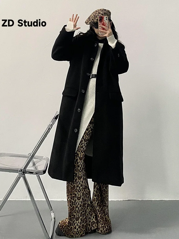 

[ZD Studio] Loose Fit Black Single Breasted Size Long Coat Lapel New Long Sleeve Women Fashion Tide Autumn Winter 2023 1DF0209