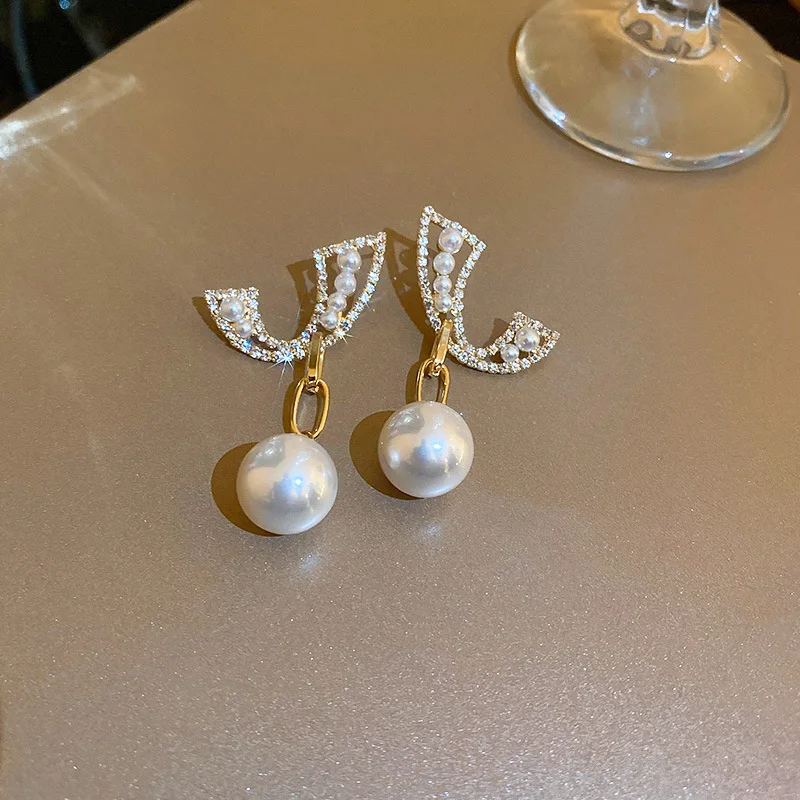 

Korean Style Romantic Oversized Imitation Pearl Earring for Women Spark Rhinestones Long Drop Earrings Office Lady OL Jewelry