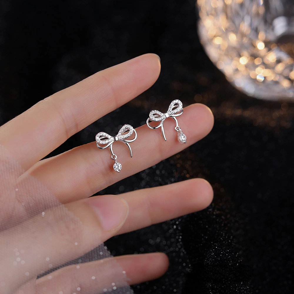 

S925 Sterling Silver Double Layer Bow Stud Earrings Women's Light Luxury Diamond Small Design High-quality Zircon Earrings