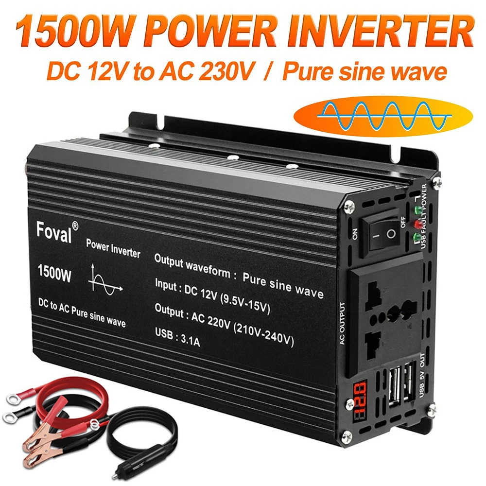 

Portable 1000W/1500W/2200W Pure Sine Wave Power Inverter DC 12V To AC 220V LED Voltage Converter Transformer Universal Inverters